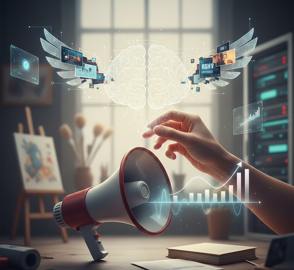 mégaphone diffusant des graphiques vers un cerveau ailé numérique.