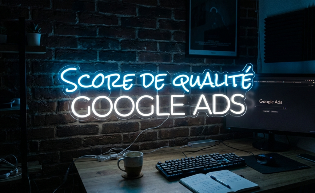 néon lumineux « score de qualité google ads » sur mur de briques.