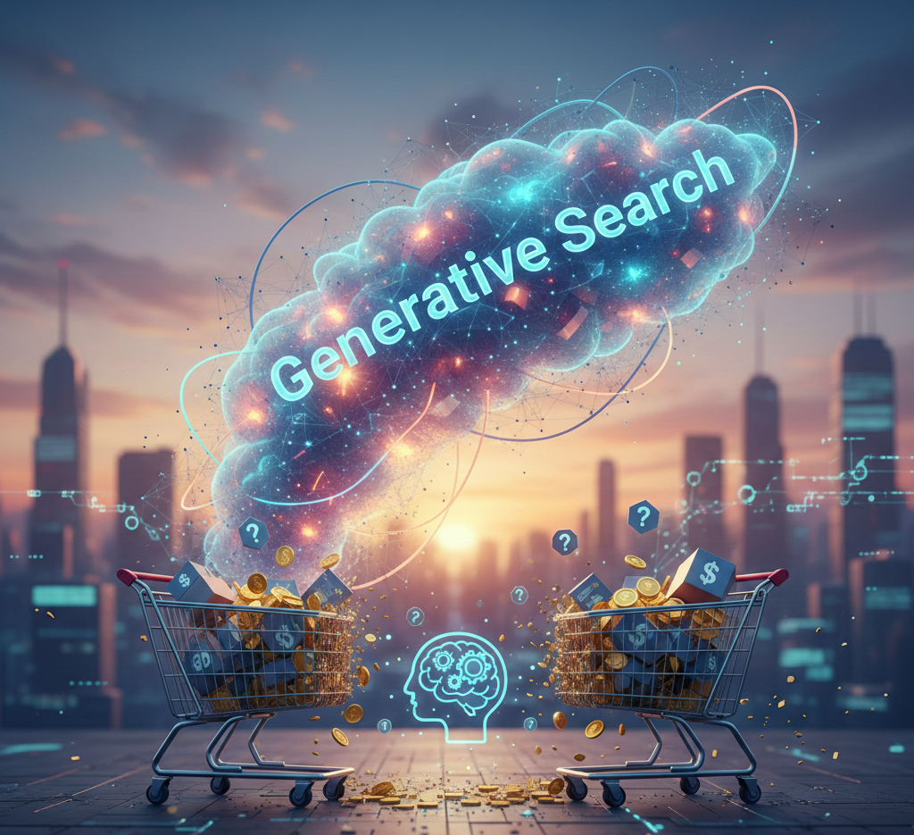 nuage cognitif generative search survolant des chariots remplis d'argent.