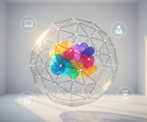 nuage coloré dans une sphère géométrique avec icônes connectées.