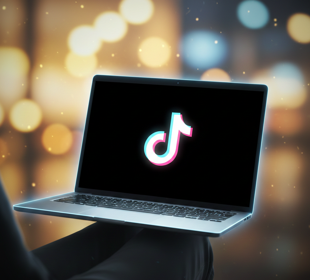 ordinateur affichant le logo tiktok sur un fond lumineux.