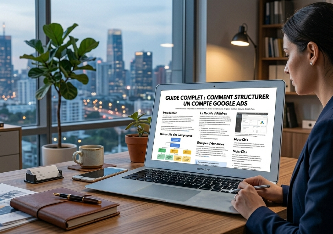 ordinateur affichant un guide pour structurer un compte google ads.