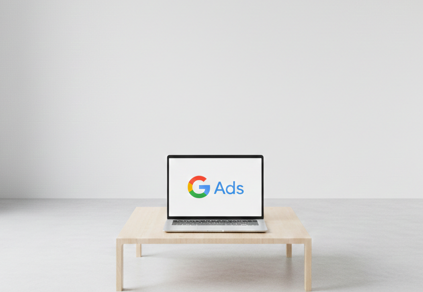 ordinateur portable affichant le logo google ads en salle vide.