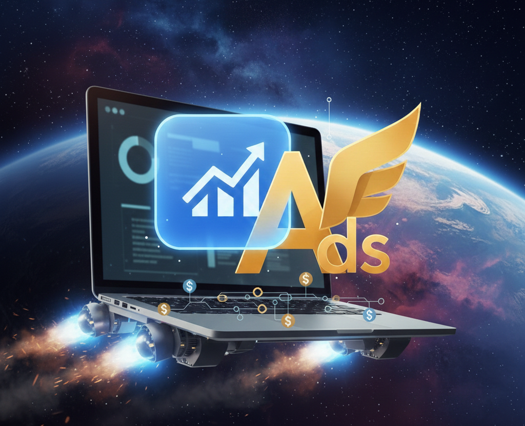 ordinateur portable propulsé dans l'espace avec logo ads ailé.