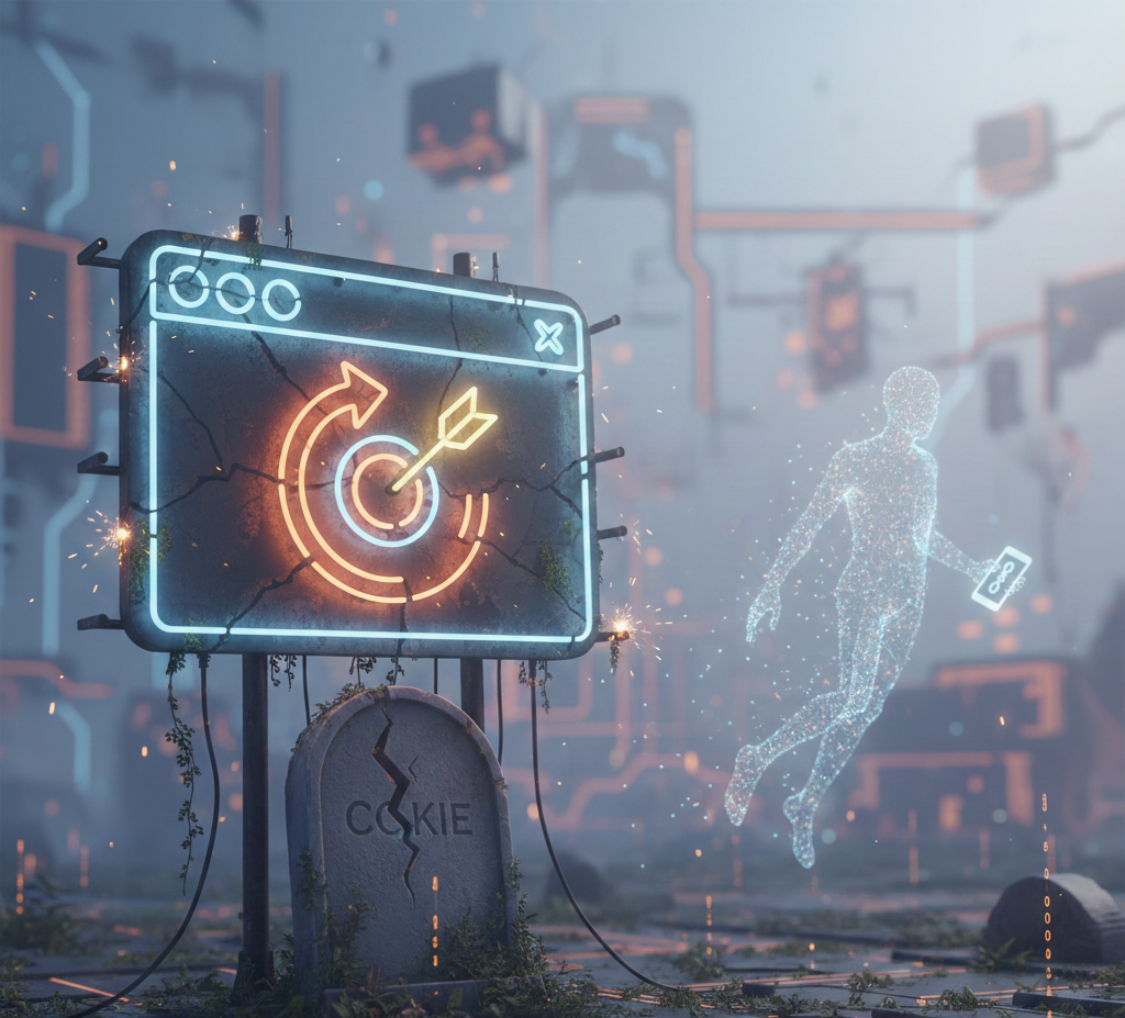 pierre tombale cookie devant un panneau de ciblage publicitaire.