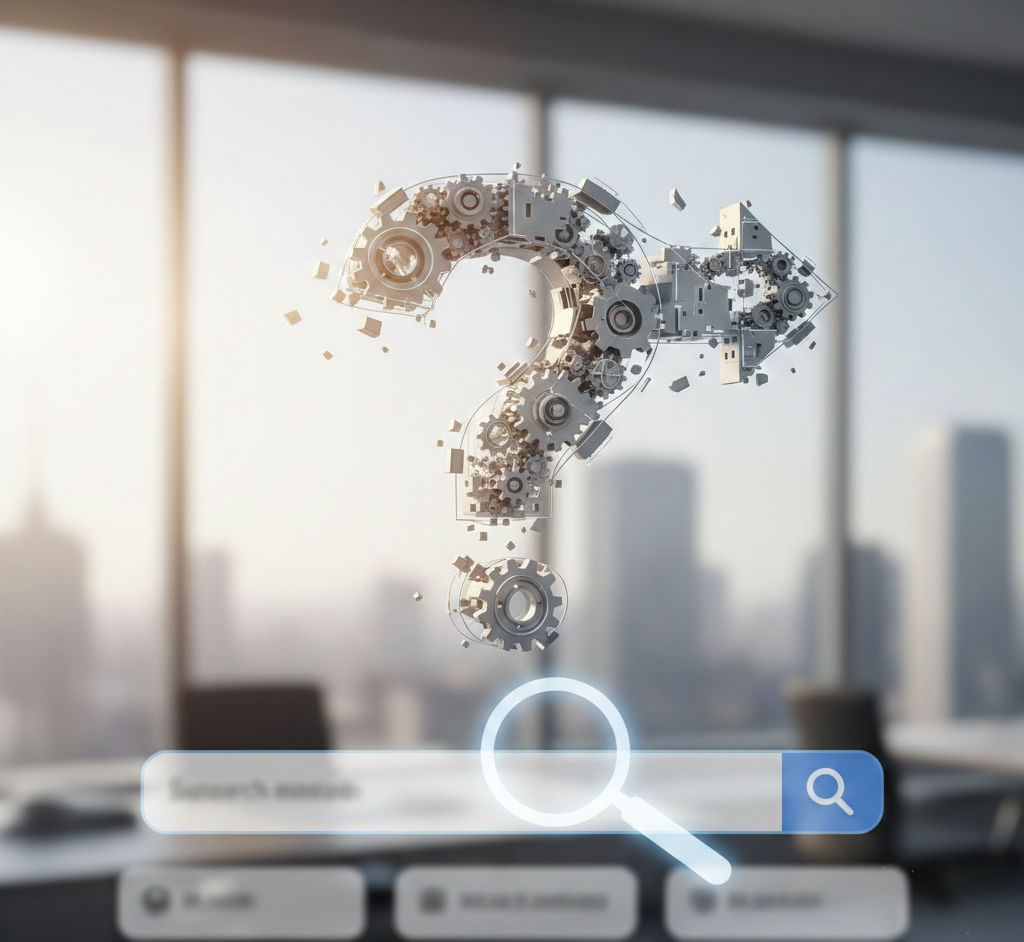 point d'interrogation en engrenages flottant au dessus d'une barre de recherche.