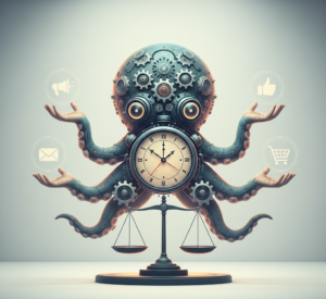 poulpe mécanique avec horloge, balance et icônes de marketing.