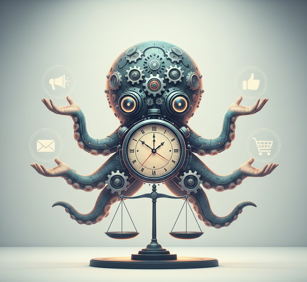 poulpe mécanique avec horloge, balance et icônes de marketing.