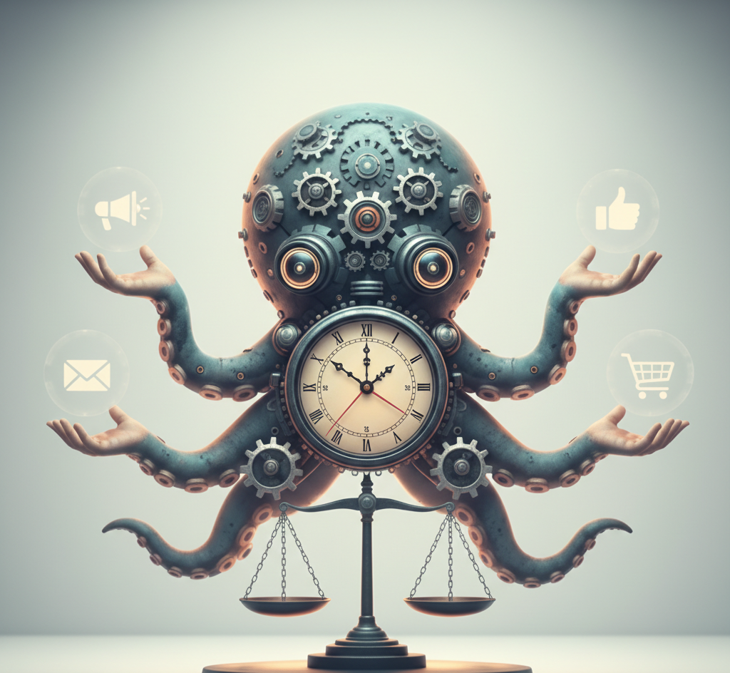 poulpe mécanique gérant simultanément plusieurs canaux de google ads