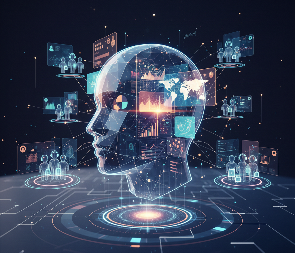 profil technologique humain entouré de données et d'utilisateurs connectés.