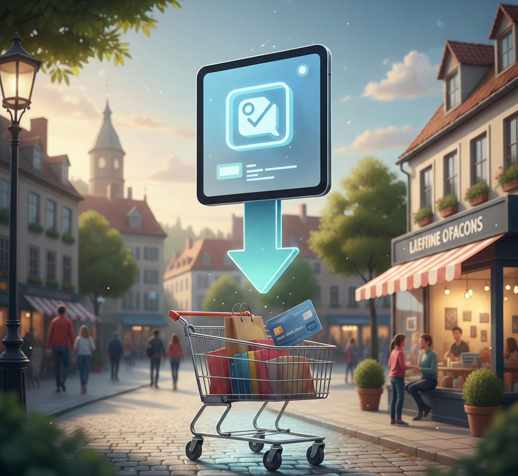 publicité numérique ciblant un panier d'achat en centre ville.