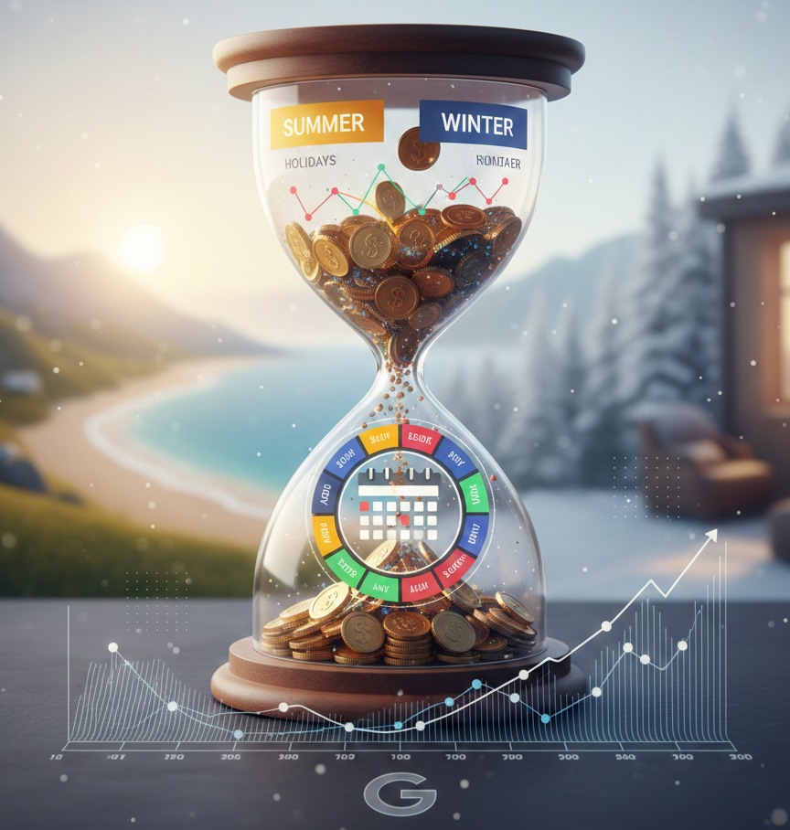 sablier gérant le budget publicitaire selon les saisons.