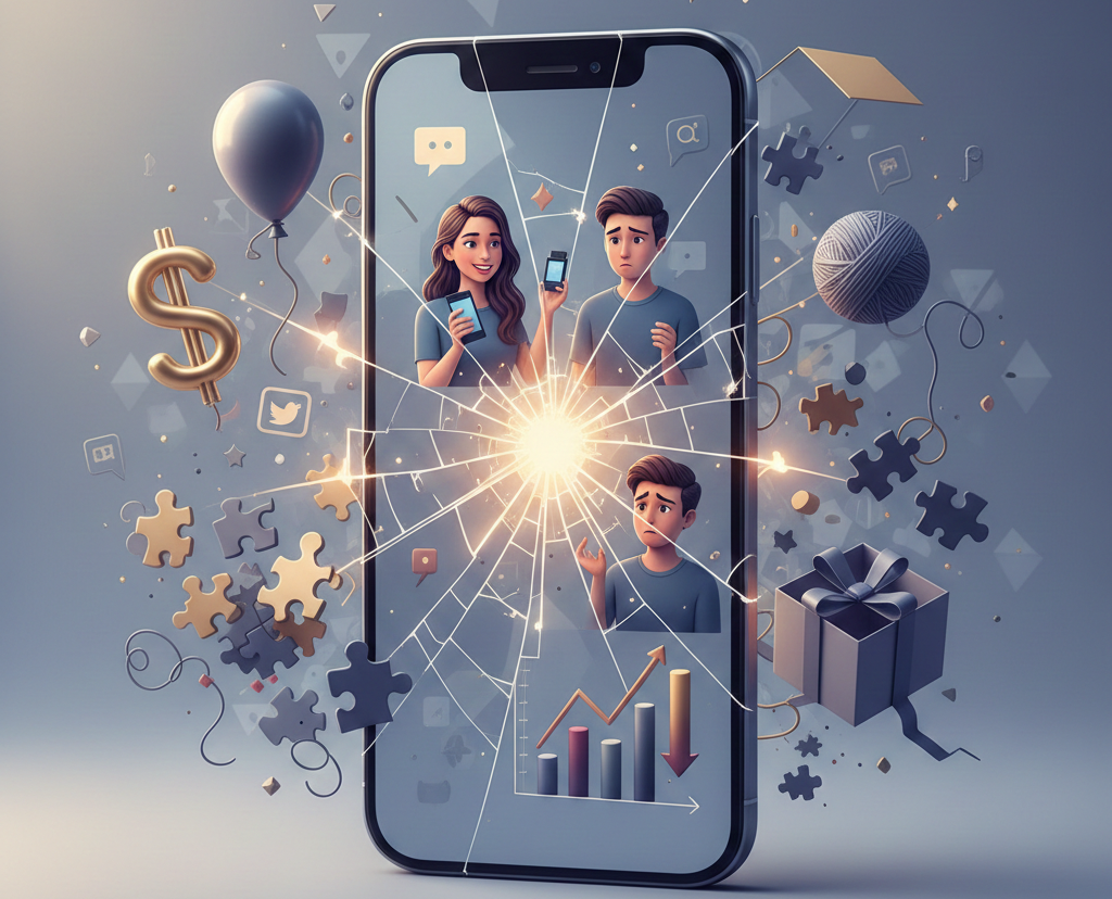 smartphone à l'écran brisé montrant des utilisateurs et statistiques déclinantes.