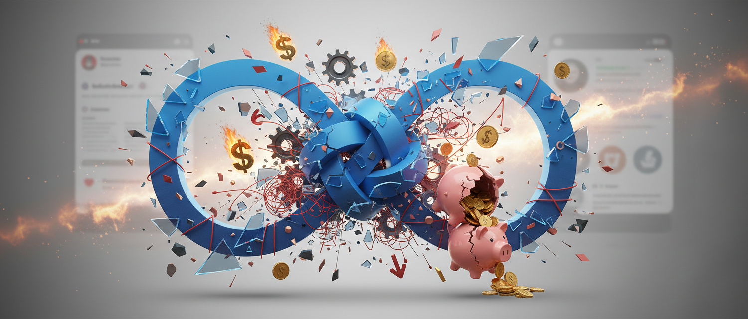 symbole infini bleu brisé avec pièces et tirelires éclatées.