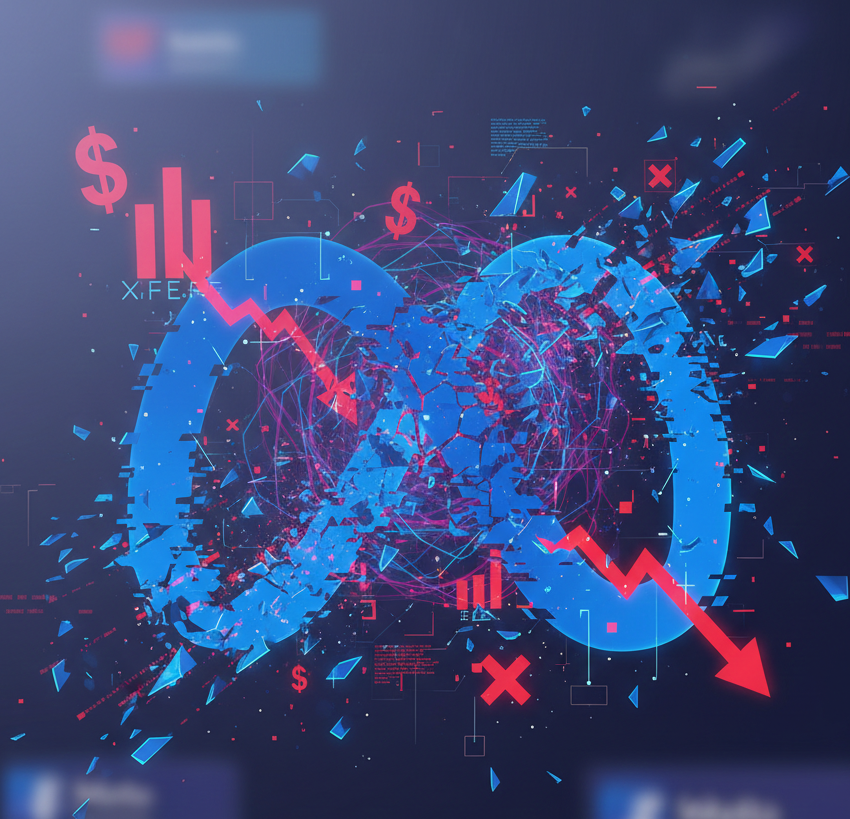 symbole infini bleu brisé par une flèche rouge descendante.