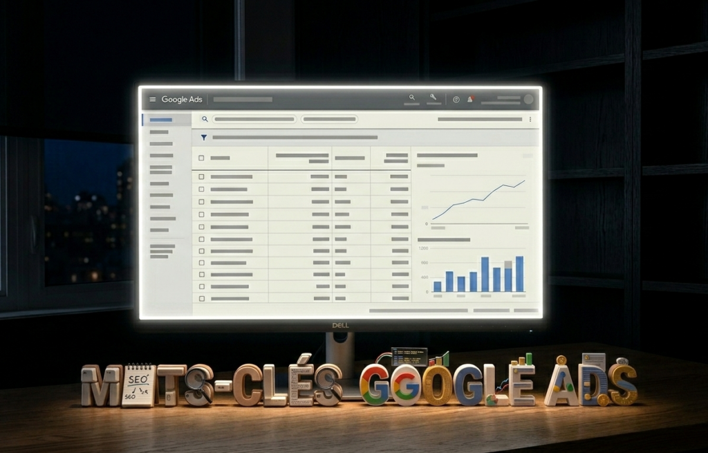 tableau de bord lumineux affichant les mots clés google ads.
