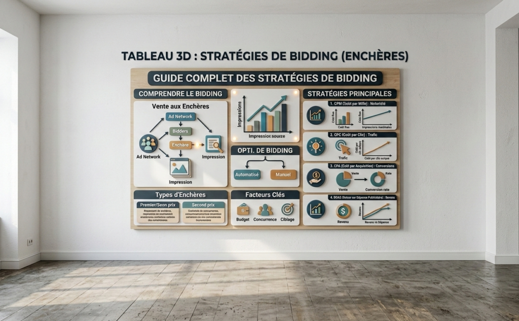 tableau éducatif 3d détaillant le guide des stratégies de bidding.