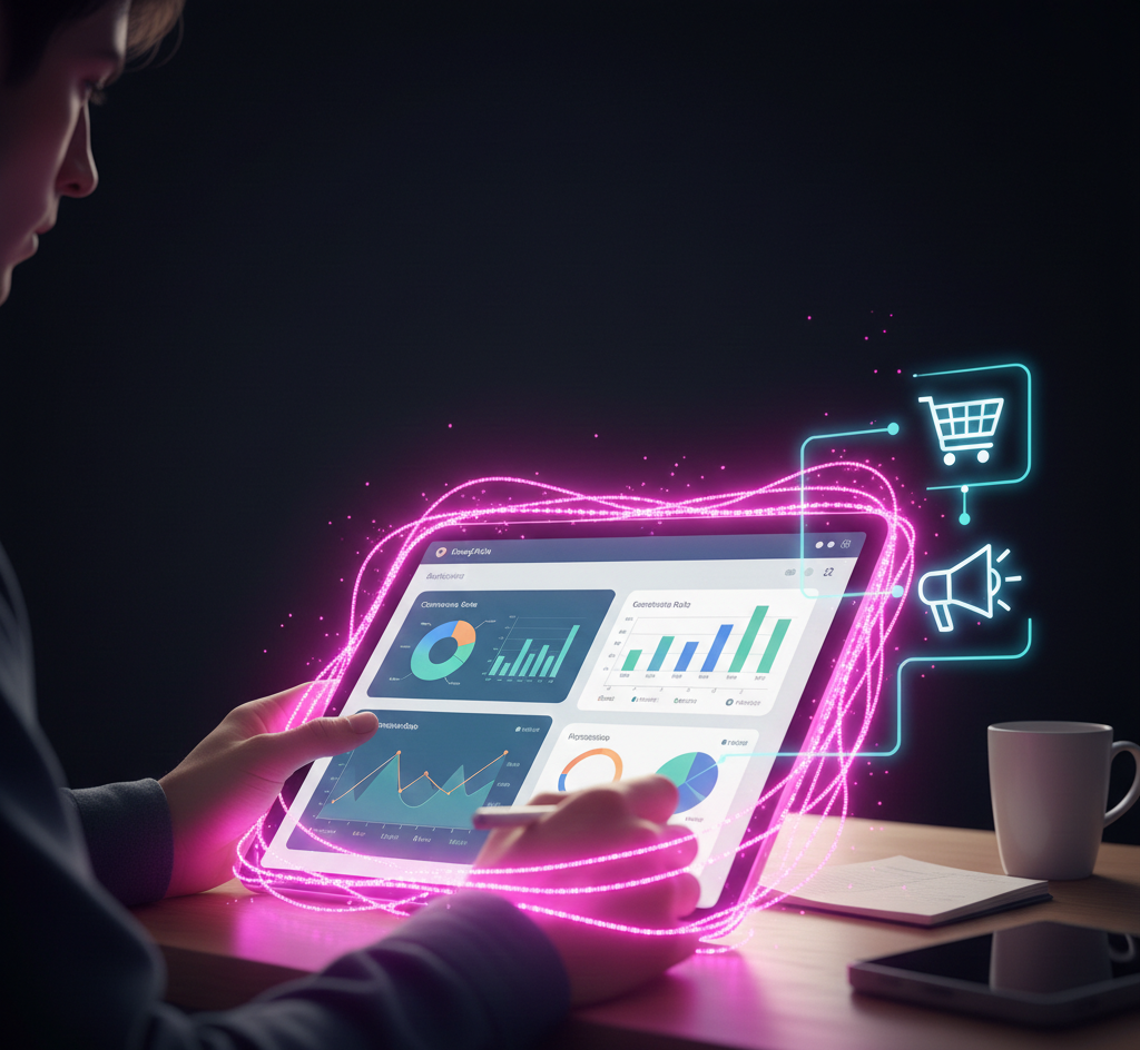 tablette lumineuse affichant des graphiques de performance marketing.