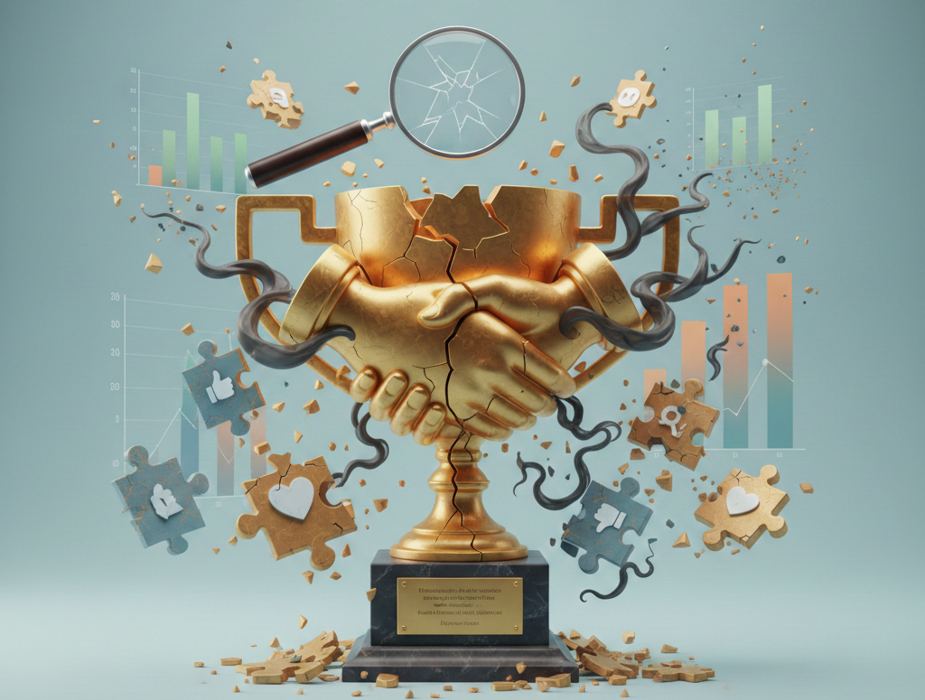 trophée brisé et poignée de main illustrant l'échec des collaborations.