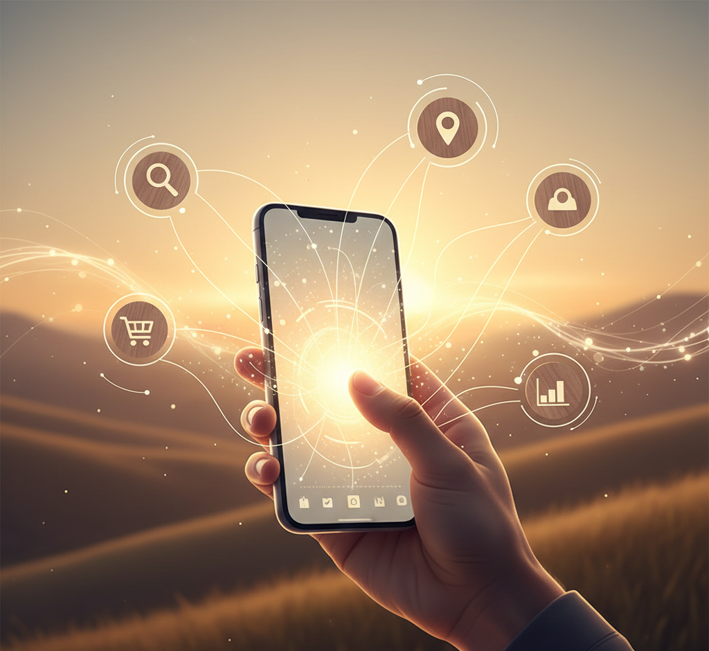 utilisateur mobile accédant à divers services de commerce connecté.
