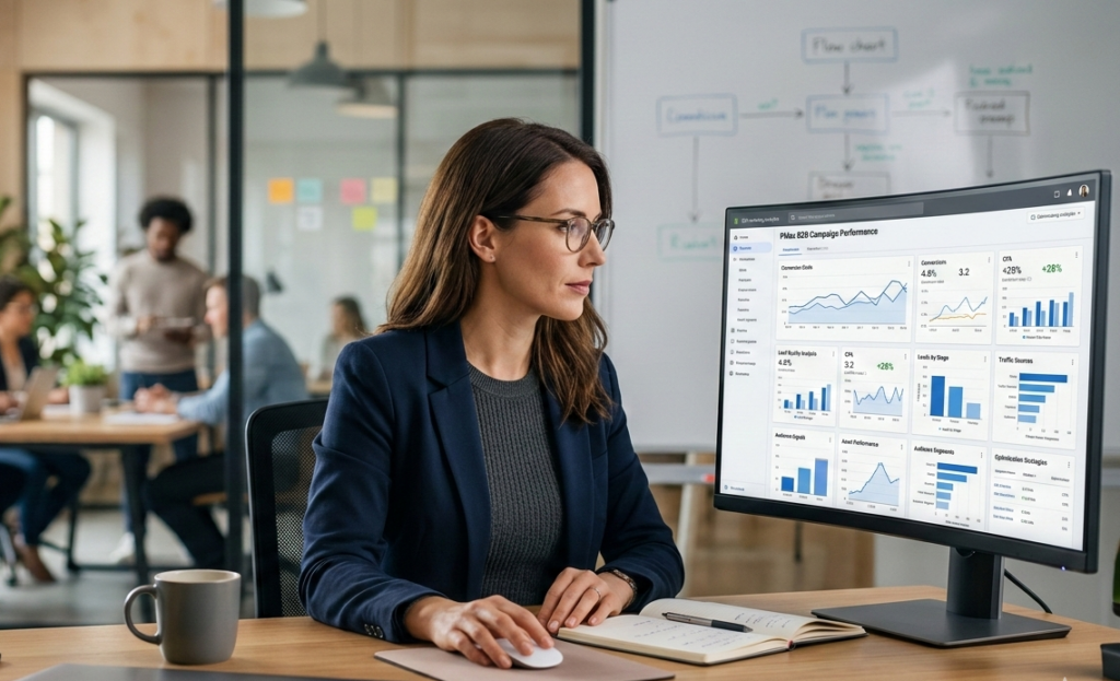 analyste surveillant les performances d'une campagne b2b sur tableau de bord.