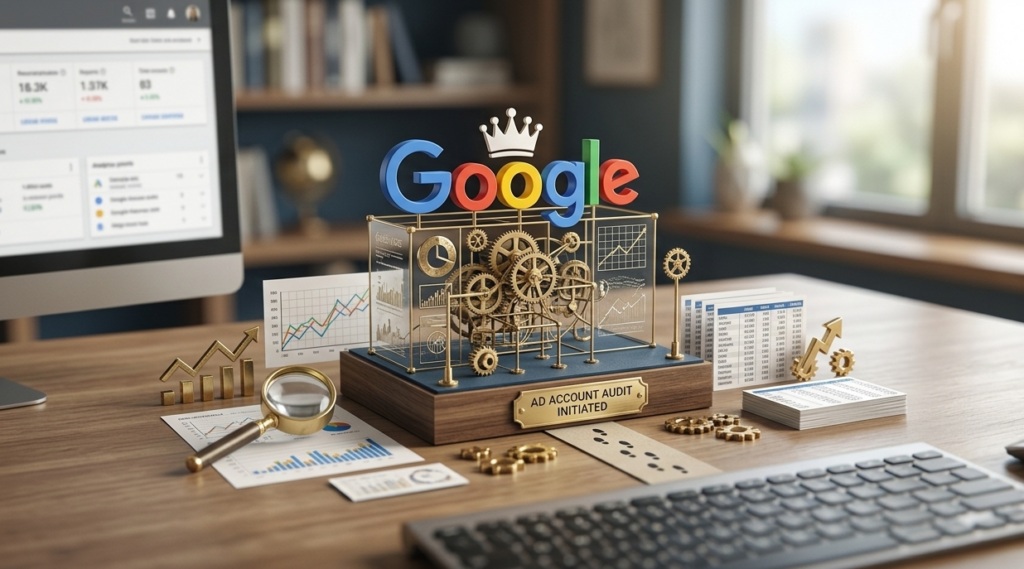 audit de compte google ads représenté mécaniquement.