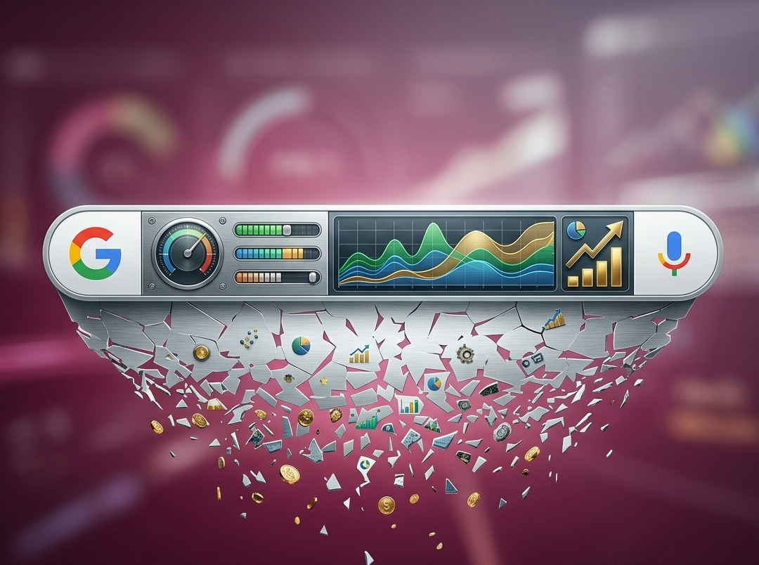 barre de recherche google futuriste brisant des données analytiques.