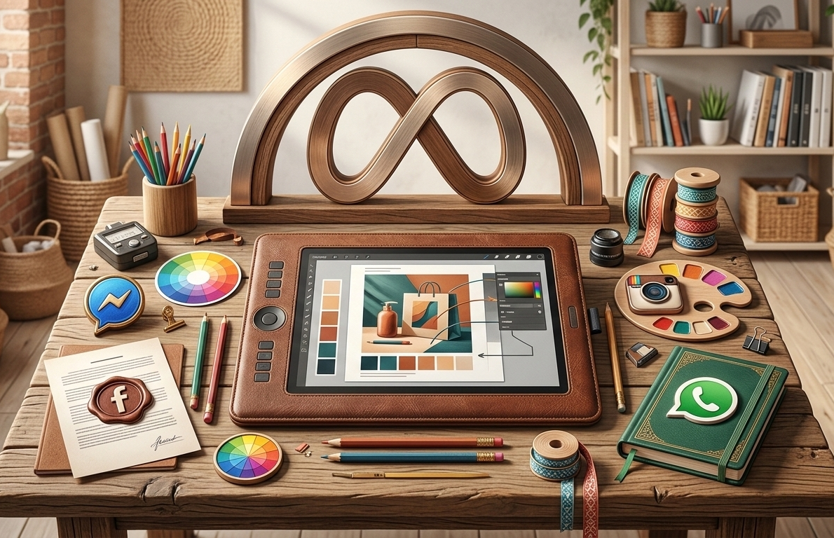 bureau de designer avec tablette graphique et logos meta 3d.