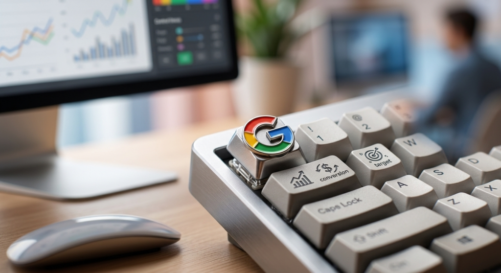 clavier avec touches personnalisées google, conversion et ciblage marketing.