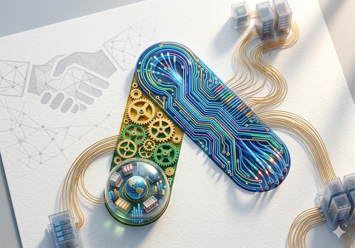 composition complexe reliant des serveurs par fibre optique.