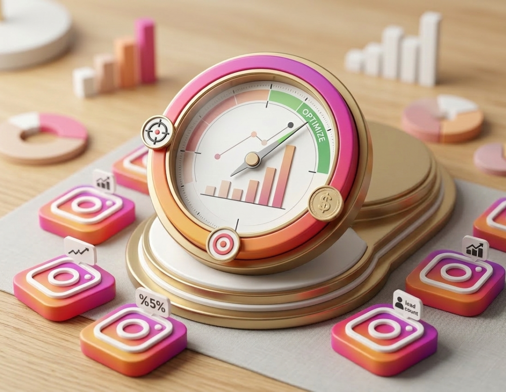 compteur d'optimisation entouré d'icônes instagram et de graphiques.