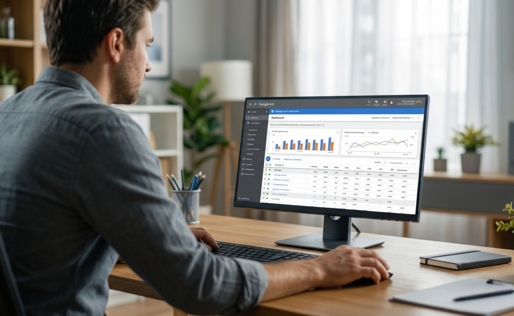 consultant travaillant sur une interface de gestion publicitaire google ads.