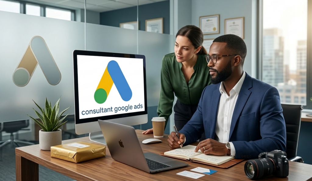deux consultants analysant une stratégie sur un écran google ads.