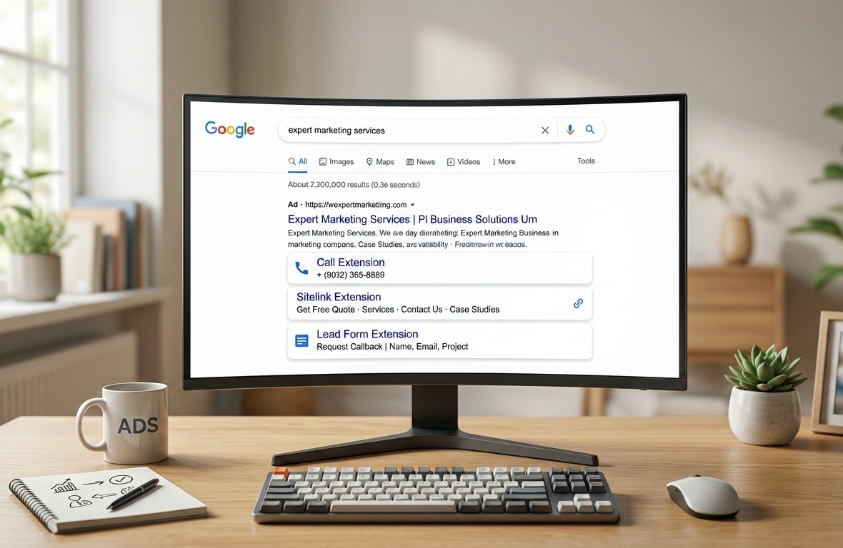 Écran d'ordinateur affichant une publicité google ads avec extensions.