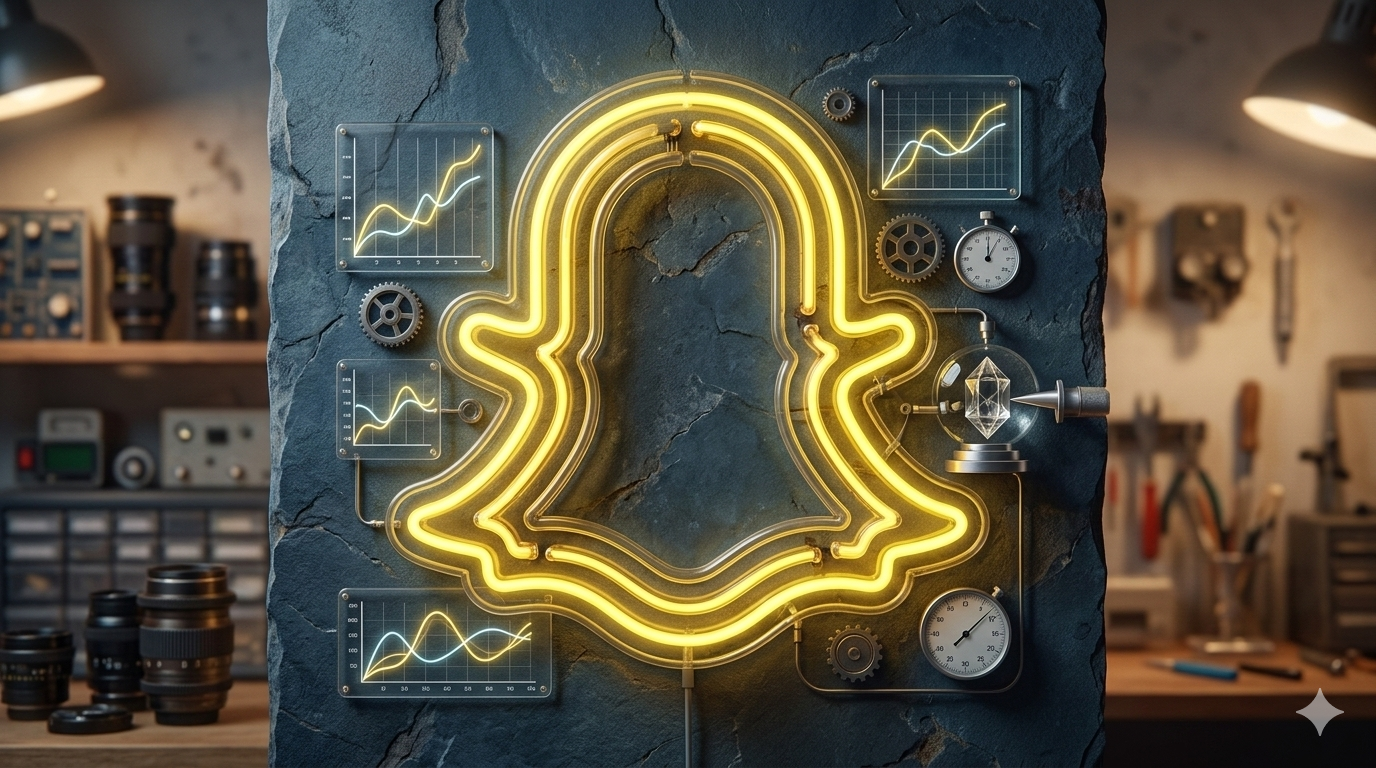 enseigne néon snapchat entourée de graphiques de performance publicitaire.