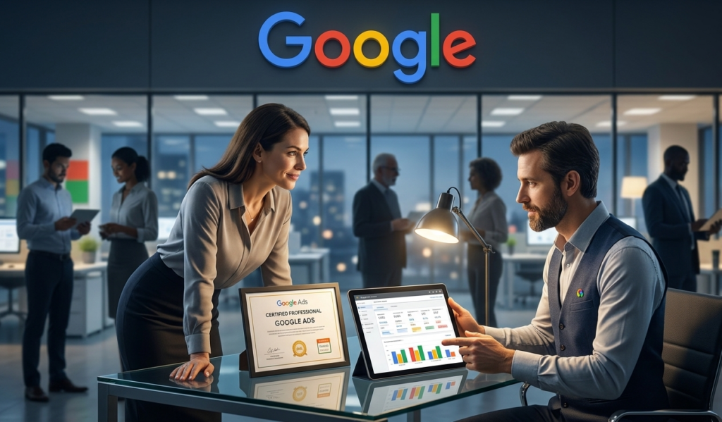 Équipe d'experts google ads analysant des rapports dans un bureau.