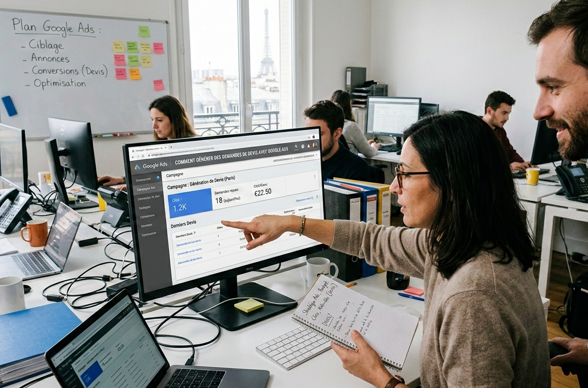 Équipe marketing analysant les demandes de devis sur google ads.