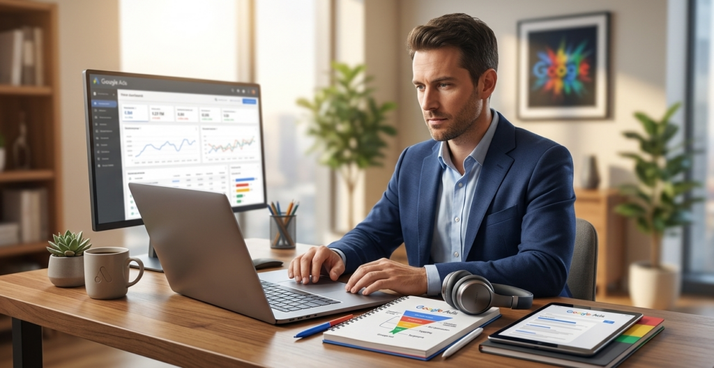 expert consultant optimisant des campagnes google ads au bureau.