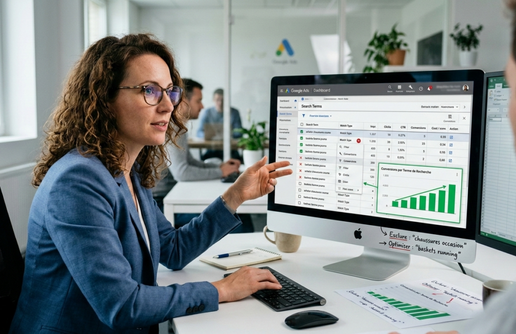experte google ads optimisant les termes de recherche en équipe.