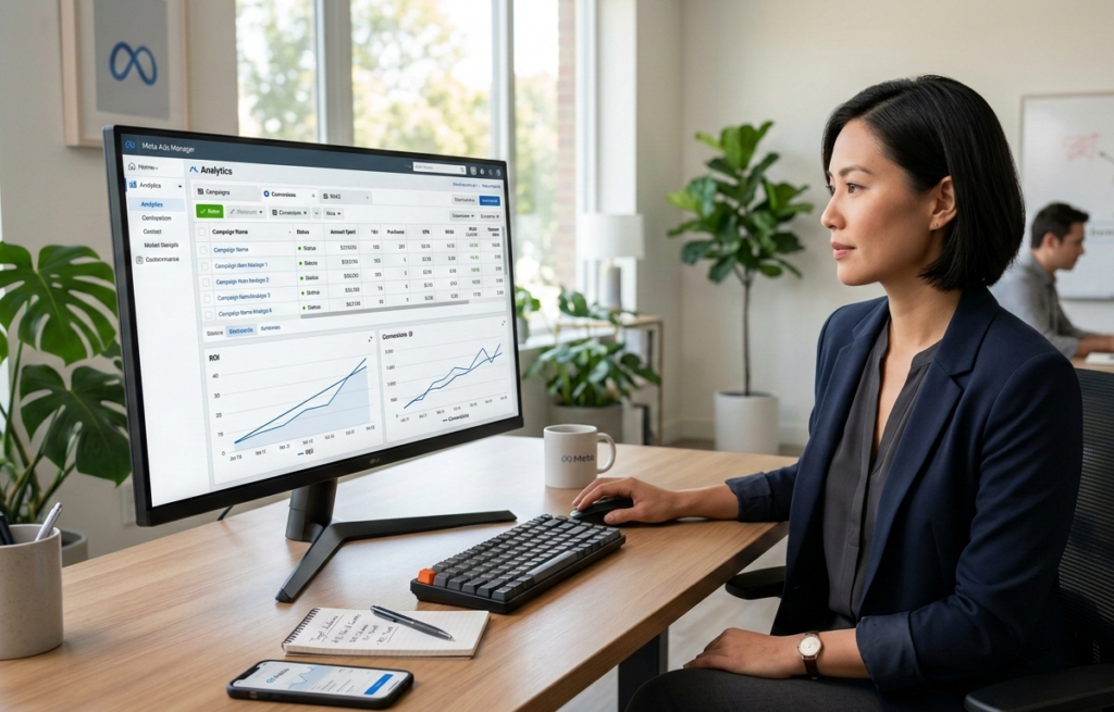 femme analysant des tableaux de bord meta ads au bureau.