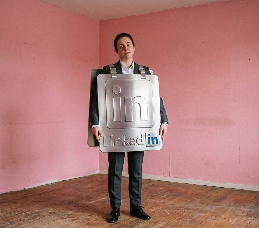 femme portant un panneau linkedin en carton dans une pièce rose.