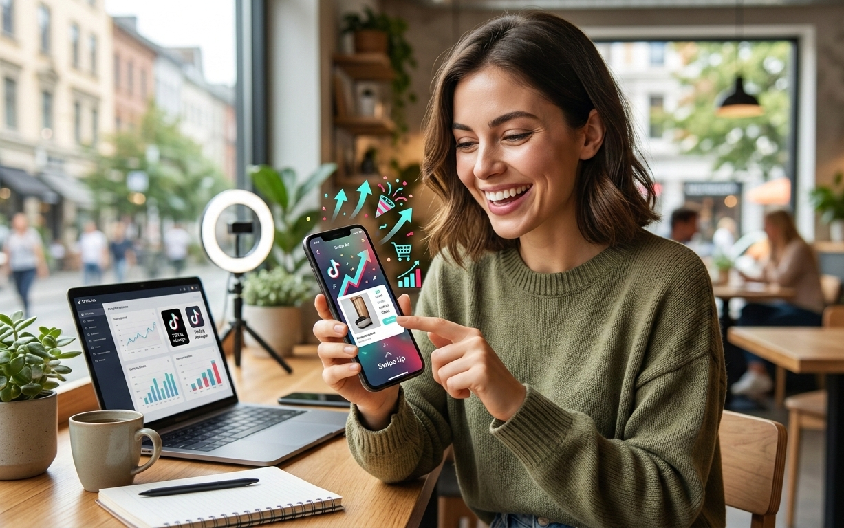 femme souriante analysant des performances publicitaires tiktok sur smartphone.