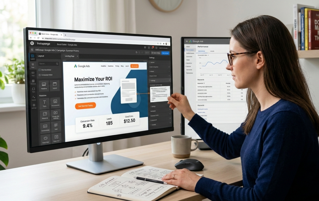 femme travaillant sur l'optimisation d'une campagne google ads.