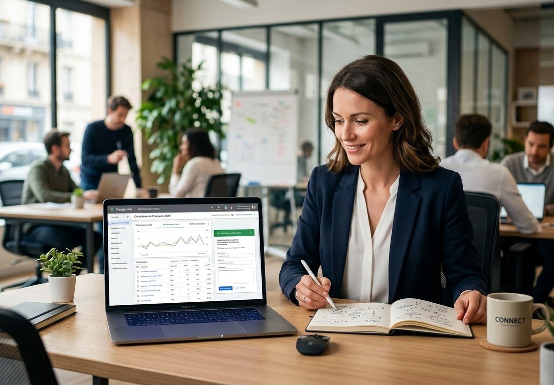 femme travaillant sur un ordinateur portable dans un bureau moderne.
