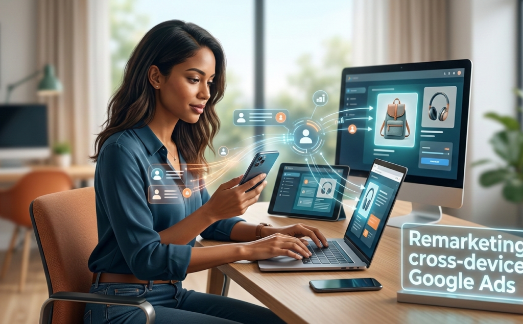 femme utilisant plusieurs appareils pour illustrer le remarketing google ads.