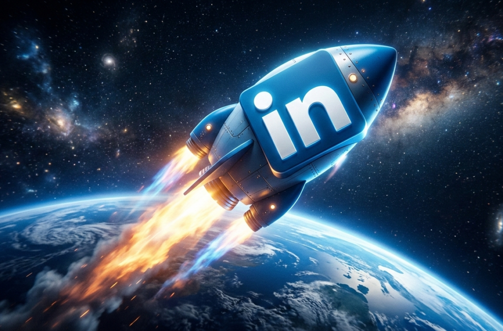fusée arborant le logo linkedin décollant vers l'espace profond.
