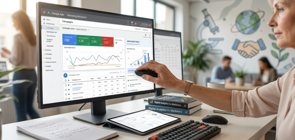 gestionnaire analysant des performances sur un tableau google ads.