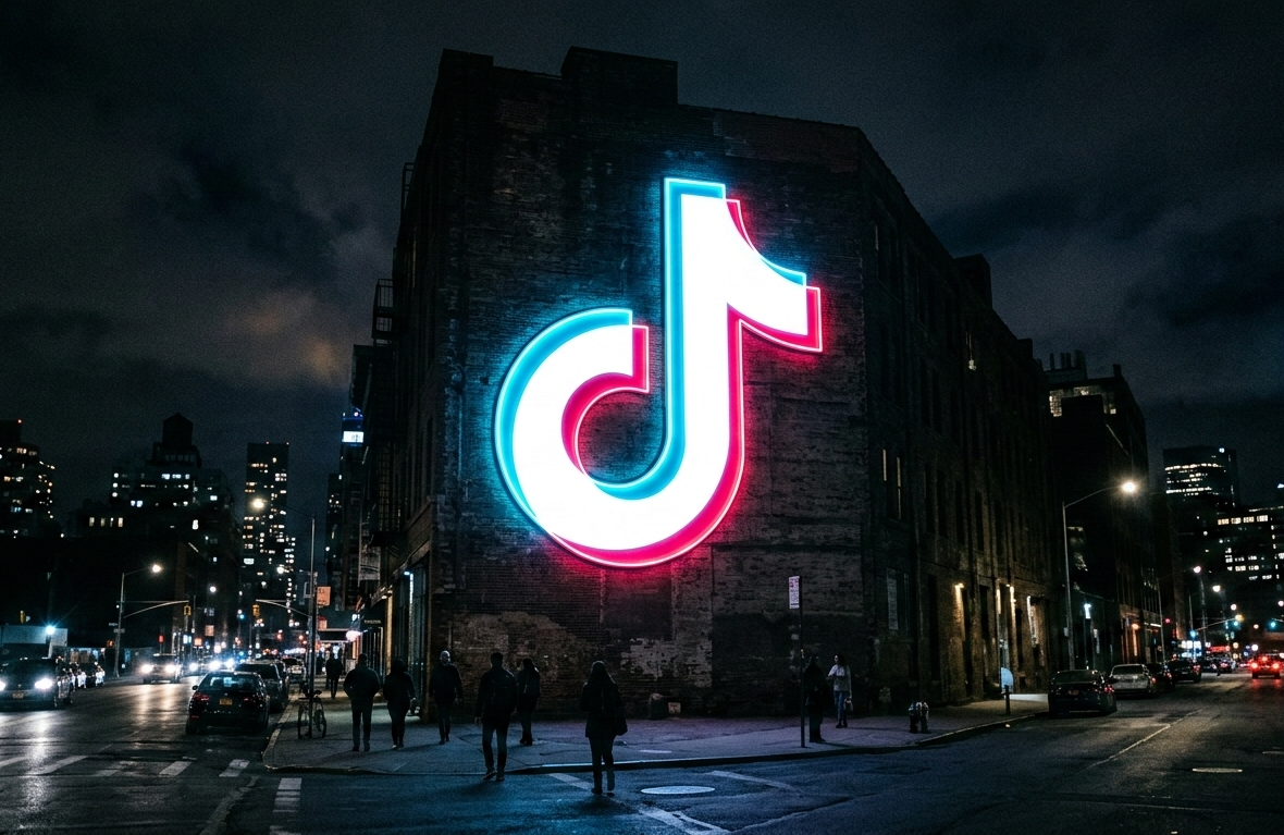 grand logo tiktok lumineux sur un immeuble urbain de nuit.