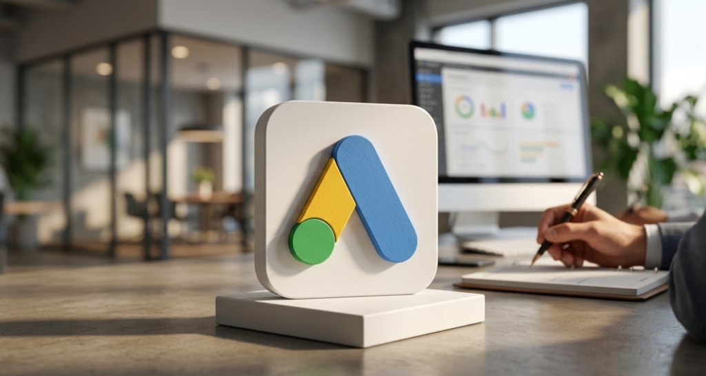 icône google ads 3d sur un bureau professionnel.