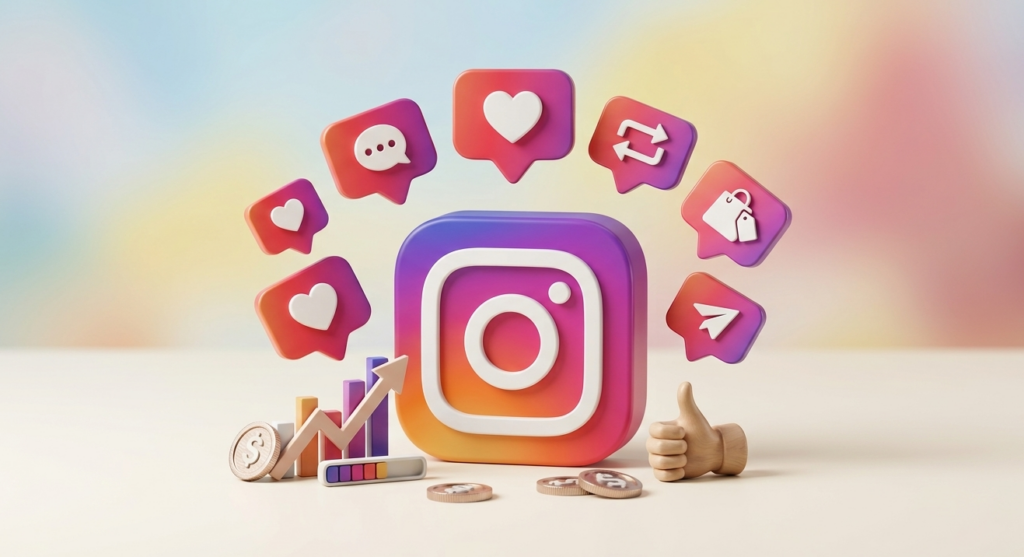 icône instagram 3d entourée d'indicateurs de performance marketing.